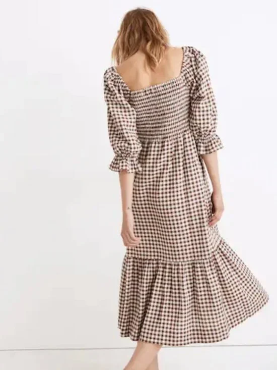 Madewell Lucie Elbow-Sleeve Smocked Gingham Midi Dress Two Pockets Women's M - Picture 2 of 15